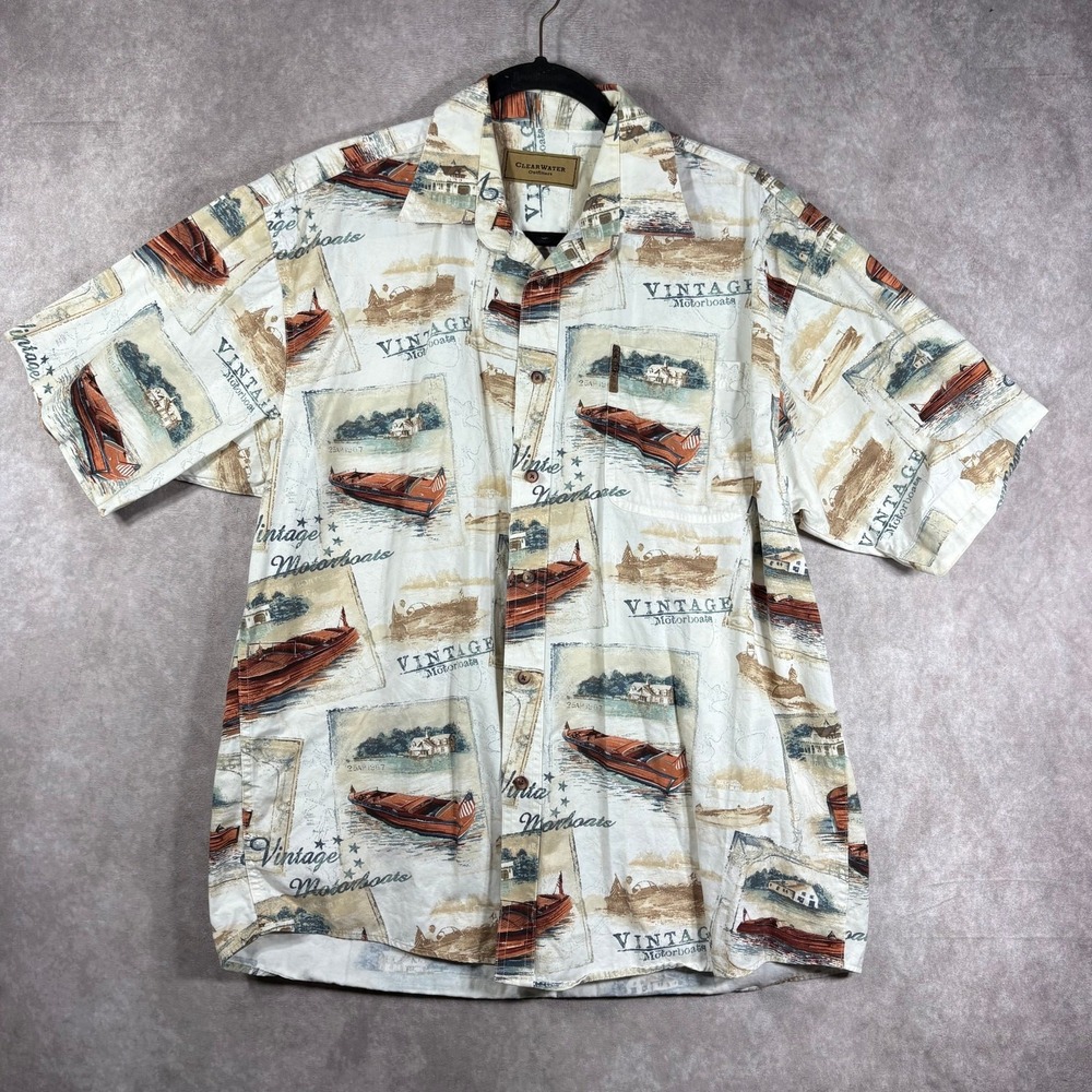 Clearwater Outfitters Shirt Mens Large Boat Print Button Up Short‎ Sleeves Beach